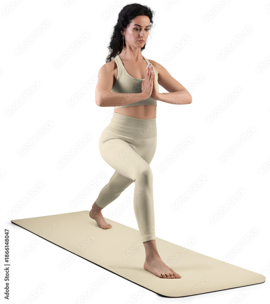 © olegphotor - Mockup of tan, beige, nude floor mat, sports suit for yoga, top, leggings on trainer woman, png, front view