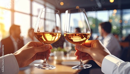 A woman at a restaurant party holds two glasses of red wine and champagne for a dinner celebration with drinks on the table