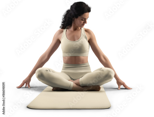 Mockup of tan, beige, nude floor mat, sports suit for yoga, top, leggings on trainer woman, png, front view