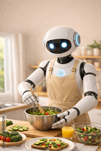A friendly humanoid home assistant robot wearing an apron while preparing a healthy breakfast .