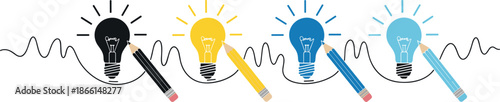 Creative idea development icon set vector illustration featuring light bulbs with pencils and waveform line representing brainstorming, innovation process, inspiration, and concept creation design