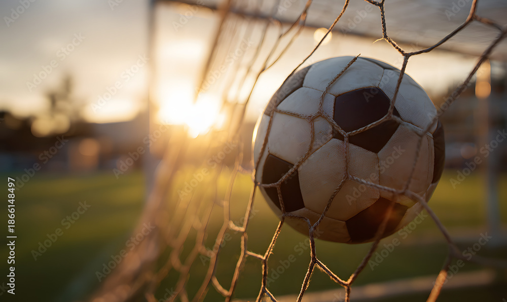 Naklejka premium soccer ball in goal at sunset