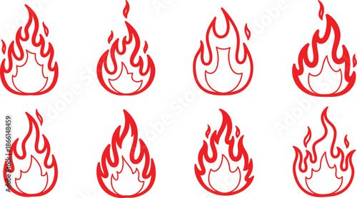 Collection of eight red flame icons