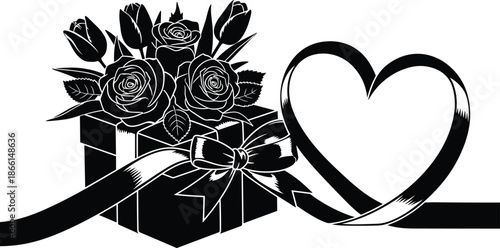 Vintage black and white vector illustration of a rose flower blossom with floral leaves and branch patterns for a nature art sketch decoration