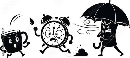 Cute cartoon vector illustration set featuring a black silhouette of a girl and man with a skull umbrella design for a fun Halloween art icon