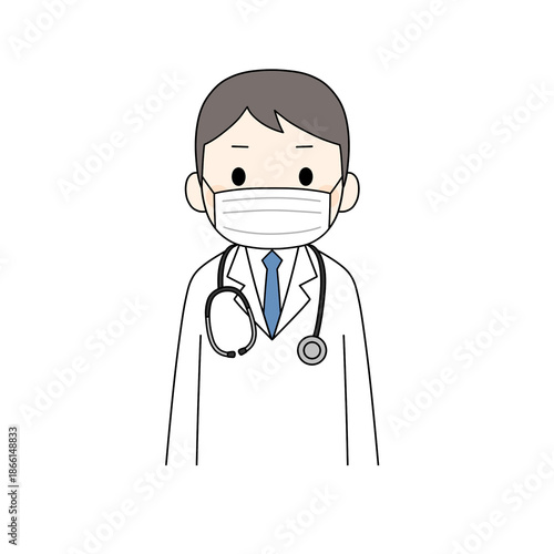 マスクを着用し、白衣を着た男性の上半身カラーイラスト
