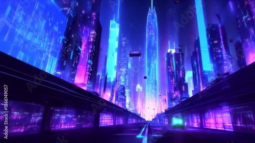 A futuristic cityscape, bathed in neon purple and cyan hues, showcasing high-rise buildings and air vehicles