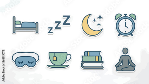 Sleep and Relaxation Icons Set: Bed, Moon, Alarm, Tea, Books, Meditation