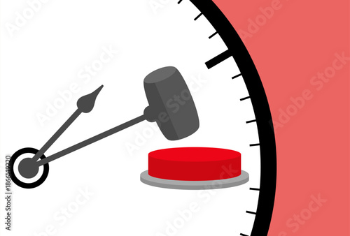 A clock’s hand strikes a red button, symbolizing a time-driven trigger for an important action or deadline.