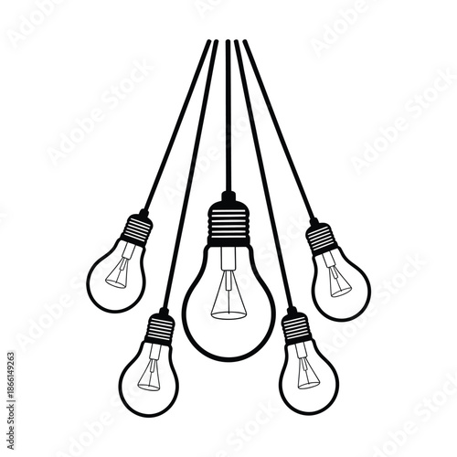 Five hanging light bulbs on cords with clear glass and metal fixtures