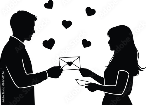 Vector illustration of a black silhouette depicting a man and woman couple in love holding a heart for a romantic Valentine wedding