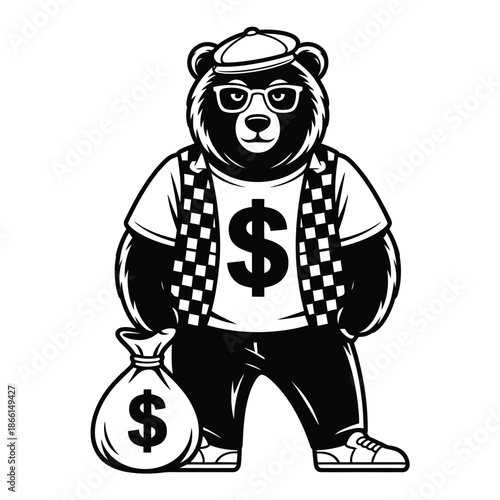 Cartoon bear character holding money bag with dollar sign