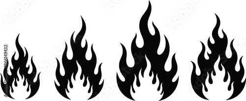 A set of four black flame graphics on a white background