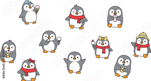 Cute penguin cartoon pattern vector with winter scarves hats ice cream poses playful characters