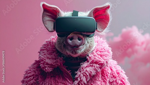 surreal image of a pig using VR with pink jacket