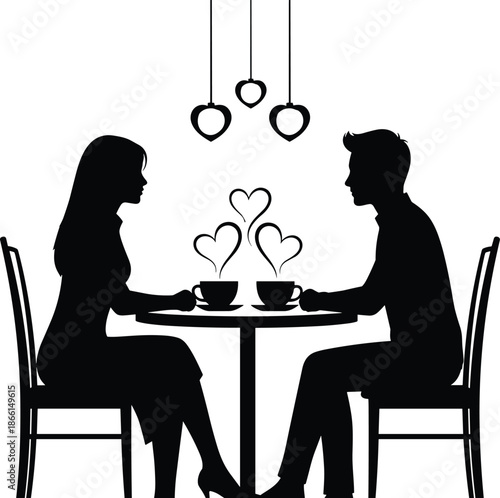 A cartoon illustration depicts a fashion beauty woman and her date sitting at a restaurant table, talking over coffee and tea during a romantic lifestyle dinner in a flat vector art style