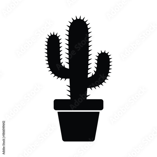 Black silhouette of a potted cactus plant on white background