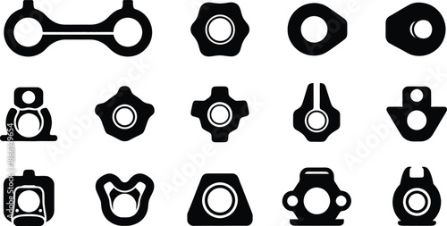 Set of fifteen black silhouette icons representing industrial mechanical nuts and hardware fasteners for engineering.