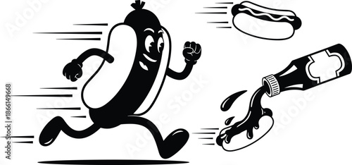 Vector illustration of a funny cartoon man wearing a mask and holding a sword and surfboard in a black silhouette tattoo art style for a nature logo design