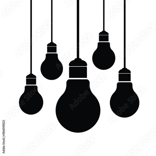 Five black light bulbs hanging from cords on white background