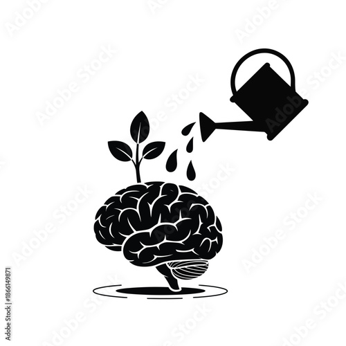 Brain with plant growing out of it being watered by a can