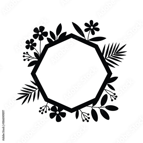 Black floral octagon frame with leaves and flowers on white background