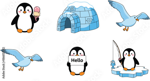  Cute penguin cartoon vector set with igloo seagulls ice fishing and playful winter characters