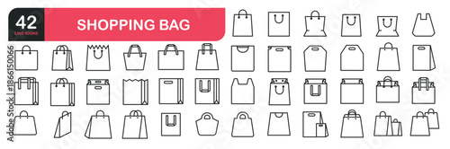 Set of line icons related to shopping bag, grocery plastic, shopping packaging. Outline icons collection. Editable stroke. Vector illustration