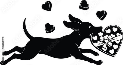 A black and white vector illustration showing a domestic dog with a bone and a silhouette of a cat, featuring stylized cartoon pets and mammal animals in a running design