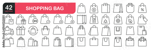 Set of line icons related to shopping bag, grocery plastic, shopping packaging. Outline icons collection. Editable stroke. Vector illustration