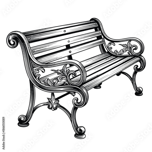Ornate cast iron garden bench with curved scroll armrests and slatted seat