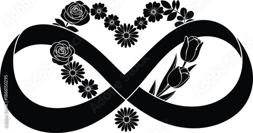 Vintage black and white butterfly illustration featuring a tribal silhouette design on a floral branch with ornate leaf patterns and heart elements for a nature inspired tattoo or vector ornament