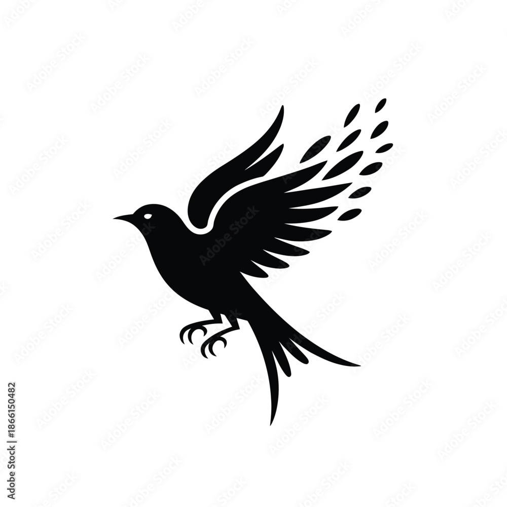 Obraz premium Black silhouette of a bird in flight with spread wings and tail feathers