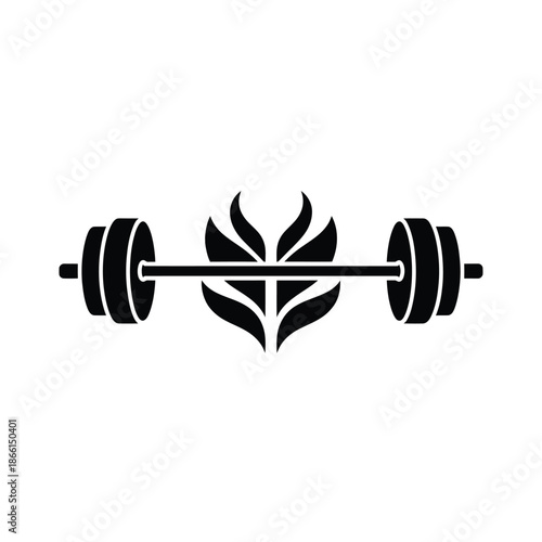 Black and white fitness weightlifting logo with leaf design element
