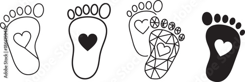 Baby Footprint Icon Set with Heart Symbol in Outline Filled and Geometric Styles for Love Concept