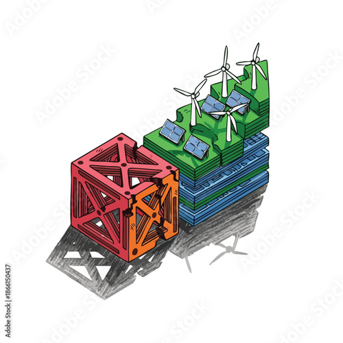 Illustration of green energy integration, featuring wind turbines and solar panels on platforms next to a geometric structure, symbolizing sustainable future.