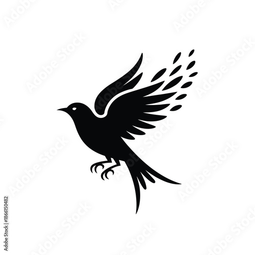 Black silhouette of a bird in flight with spread wings and tail feathers