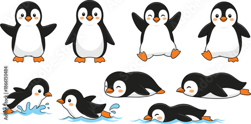  Cute penguin cartoon vector set with standing swimming sliding poses playful winter animal characters