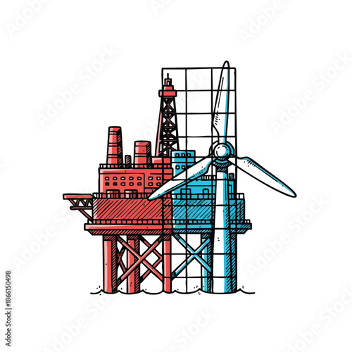 This striking illustration contrasts an offshore oil rig with a modern wind turbine, symbolizing the crucial global shift towards sustainable energy.