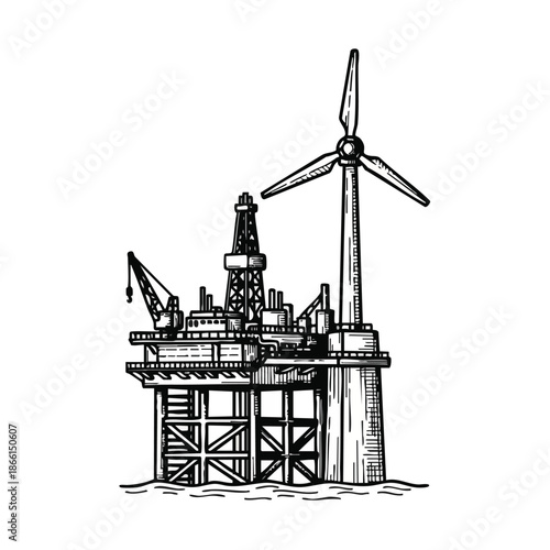 This detailed hand-drawn illustration features an offshore oil rig juxtaposed with a towering wind turbine, symbolizing the evolving landscape of global energy production.