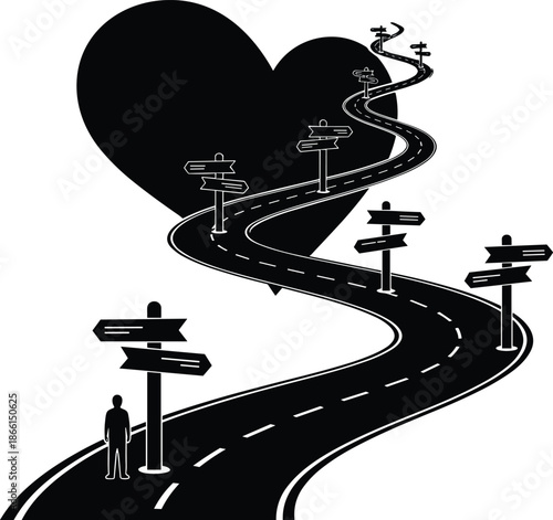 A winding asphalt highway leads toward the horizon under a vast sky, featuring a conceptual road sign with a black and white heart symbolizing a successful travel journey and future direction