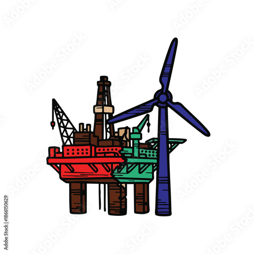 A vibrant illustration juxtaposing a traditional offshore oil rig with a modern wind turbine, symbolizing the critical global shift towards sustainable energy.