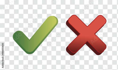 Green Check Mark and Red Cross X Icons Vector. Approve, Reject, Yes, No, Success, Failure Symbols for UI and Decisions.