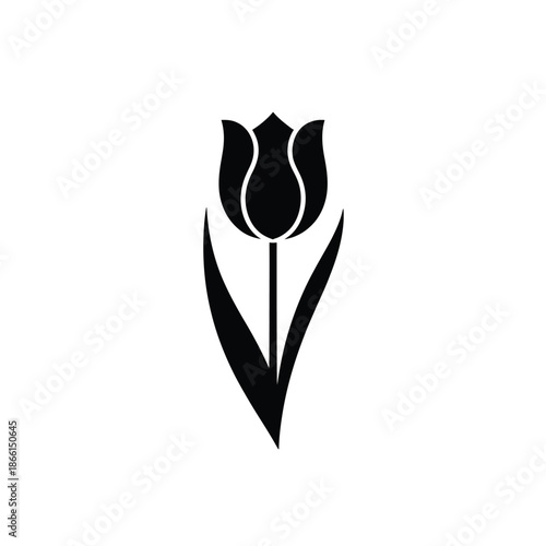 Black silhouette of a single tulip flower on white background