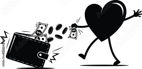 A funny cartoon illustration of a black ant couple on a white background holding a red heart shape flower as a wedding symbol for a Valentine's Day card design