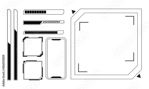 Futuristic HUD UI Elements Vector Kit. Sci-Fi Game Interface, Digital Frames, Progress and Loading Bars for Apps and Web Design.