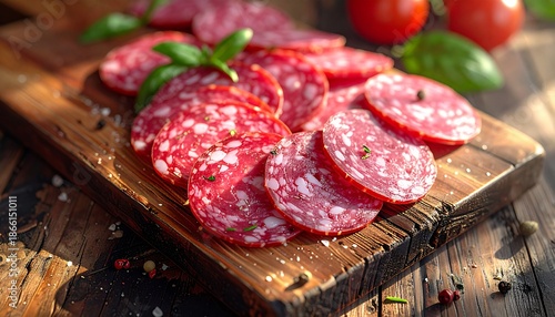 Italian salami sliced on ceramic plate resting on rustic wooden background realistic hd food photography emphasizing texture marbling cured meat traditional cuisine artisanal presentation warm lightin