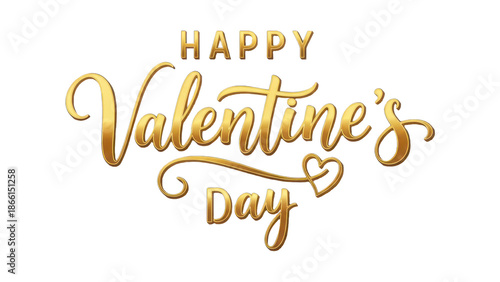 Golden happy valentines day greeting card with heart on isolated transparent background