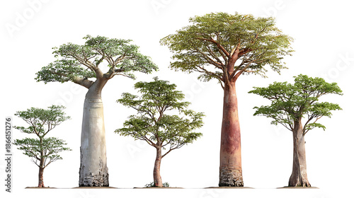 Five Baobab Trees of Different Sizes on White adansonia