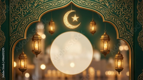 Ornate crescent moon and star displayed in Islamic arch, hanging lanterns with glowing lights, Ramadan spiritual celebration concept